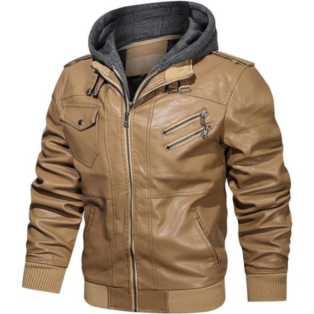 Khaki Beige Faux Leather Motorcycle Bomber Jacket Zip Up Hoodie Removable‎ Hood - Picture 2 of 6